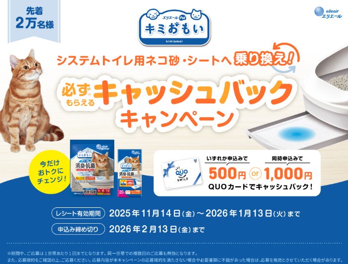 先着当選！必ずもらえるエリエールのお得なキャッシュバックキャンペーン