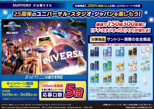 【対象店舗×サントリー】USJ 1デイ・スタジオ・パスが当たる豪華レシート懸賞