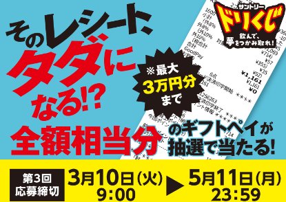 レシート全額相当分のギフトペイが当たるサントリーの豪華キャンペーン