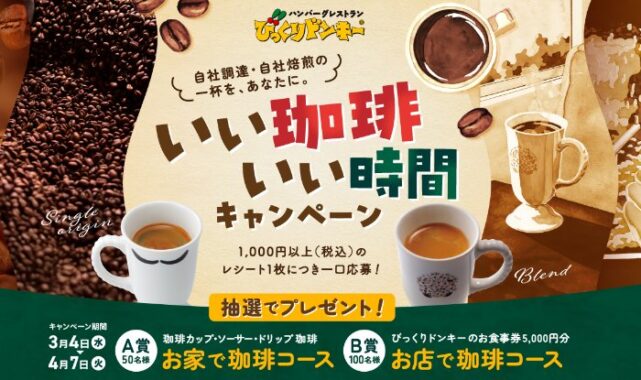 【びっくりドンキー】食事券5,000円分やお家で楽しめる珈琲セットが当たるキャンペーン