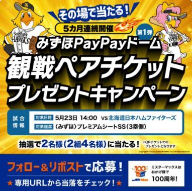 みずほPayPayドーム観戦ペアチケットがその場で当たる豪華X懸賞