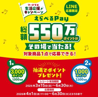総額550万円分のポイントが当たるフードリエの大量当選懸賞