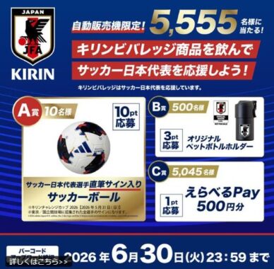 サッカー日本代表選手 直筆サイン入りボールやえらべるPayなどが当たる自販機限定キャンペーン