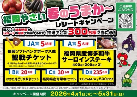 福岡ソフトバンクホークス観戦チケットや福岡の名産品なども当たるキャンペーン