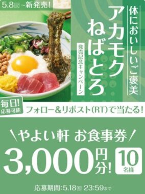3,000円分のやよい軒食事券がその場で当たるXキャンペーン