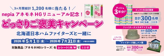 ファイターズコラボアイテムやnepiaティシュ3年分も当たるクローズドキャンペーン