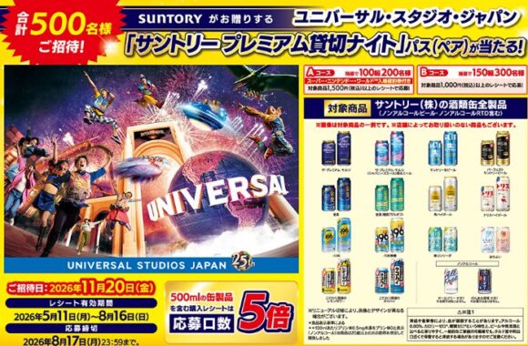 【近畿エリア限定】USJのサントリー プレミアム貸切ナイトパスが当たる豪華クローズドキャンペーン