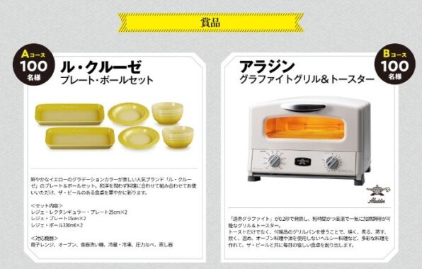 ル・クルーゼのプレート・ボールセットやアラジン グラファイトトースターが当たるキャンペーン