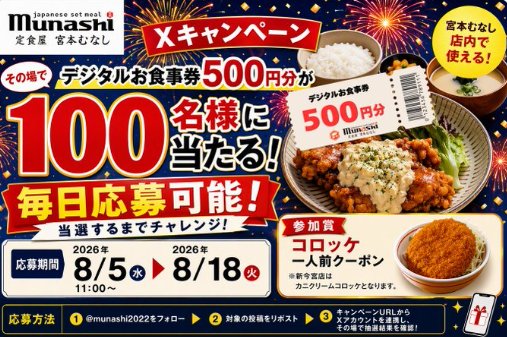 宮本むなしのデジタル食事券500円分がその場で当たるXキャンペーン