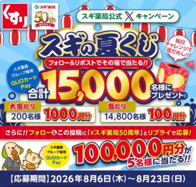 スギ薬局専用QUOカードPayが15,000名様に当たる大量当選X懸賞