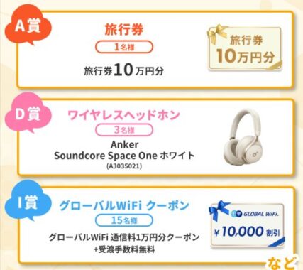 10万円分の旅行券やワイヤレスヘッドホンなども当たる豪華懸賞