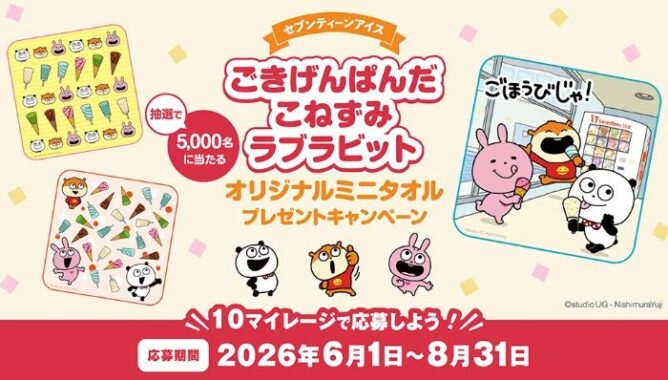 ごきげんぱんだ・こねずみ・ラブラビットのオリジナルミニタオルが当たるキャンペーン
