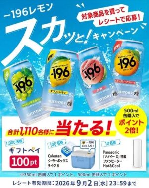 ナノイー搭載ファンヒーターやクーラーボックスなども当たるレシート懸賞