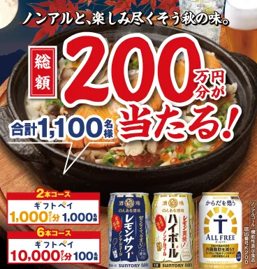 総額200万円分のギフトペイが当たるサントリーのノンアル購入キャンペーン