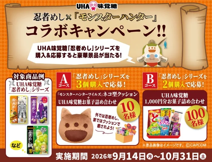 ネコ型クッションやUHA味覚糖お菓子詰め合わせが当たるハガキキャンペーン