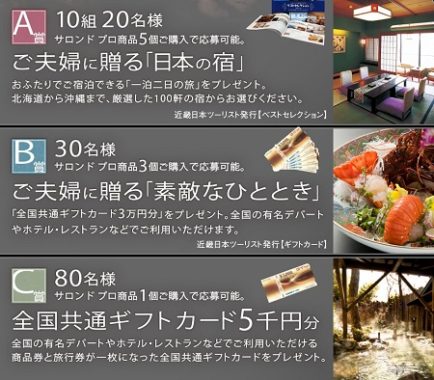 A賞「ふたりで宿泊できる一泊二日の旅」 / B賞「全国共通ギフトカード 3万円分」 / C賞「全国共通ギフトカード 5千円分」